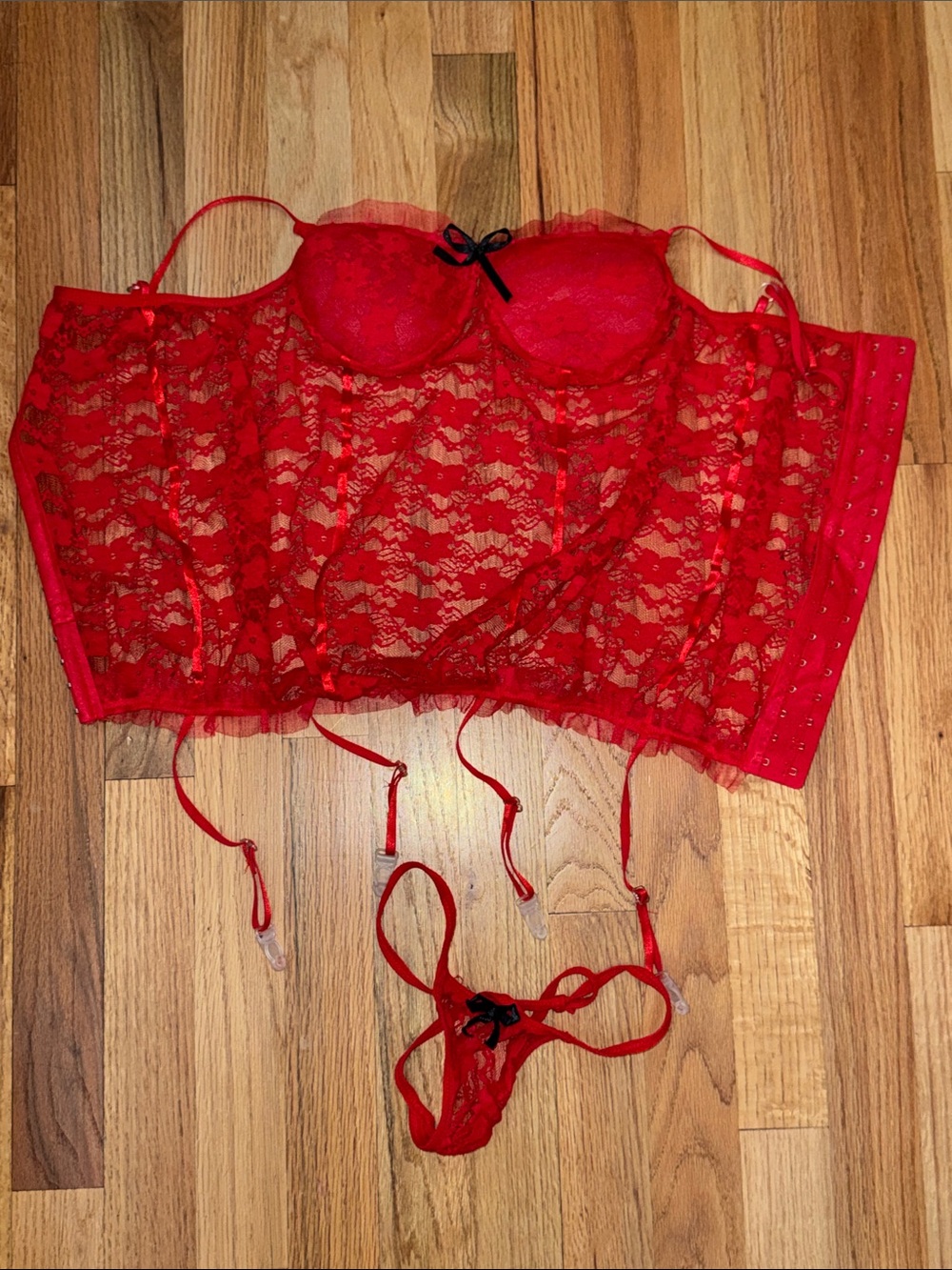Red Lace Bustier with Garter Straps and Matching Thong Sz med
